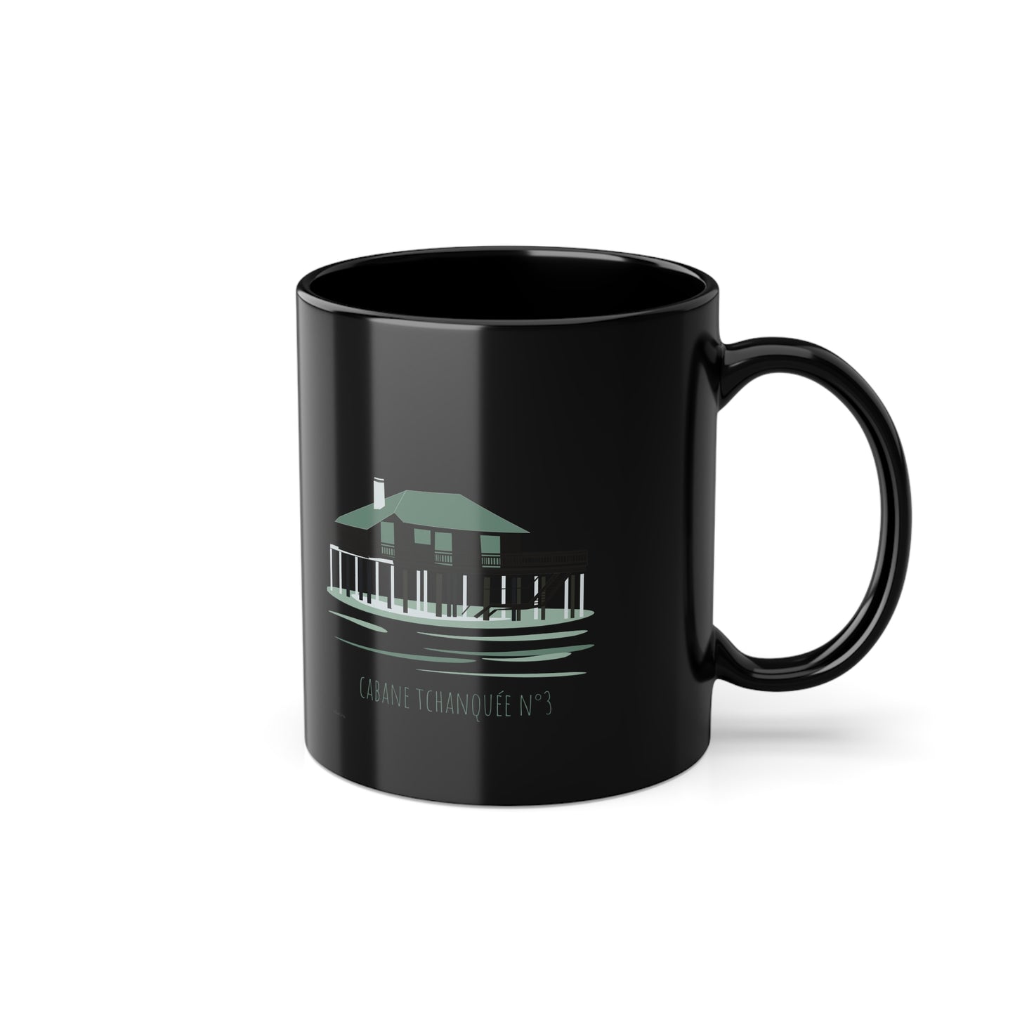 11oz Black Coffee Mug — Minimal Coastal Pier Illustration Cabane Tchanquée Bassin d'Arcachon
