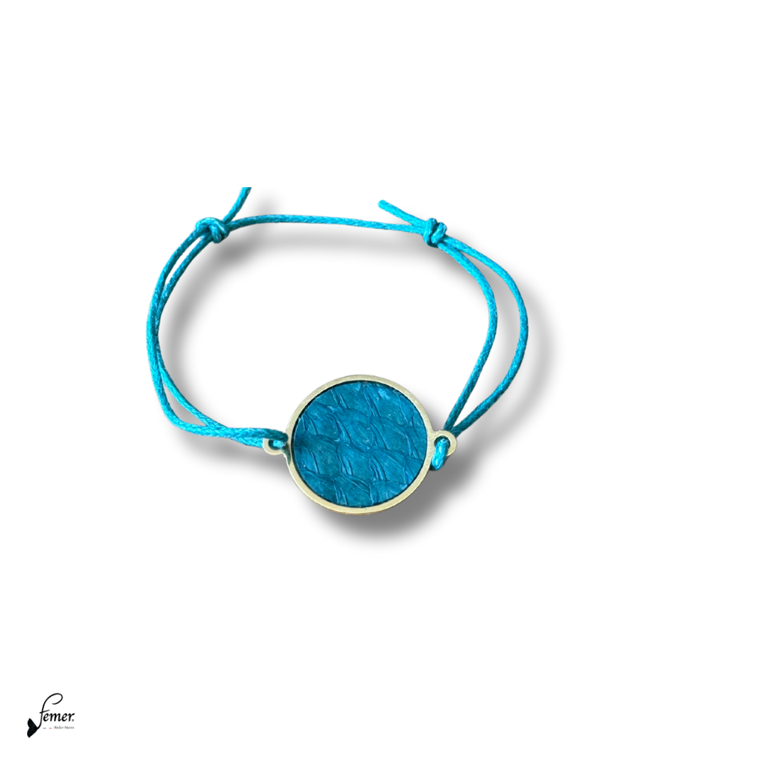 Bracelet "Bulle cuir" médaillon inox et cuir marin sur cordon coton ciré