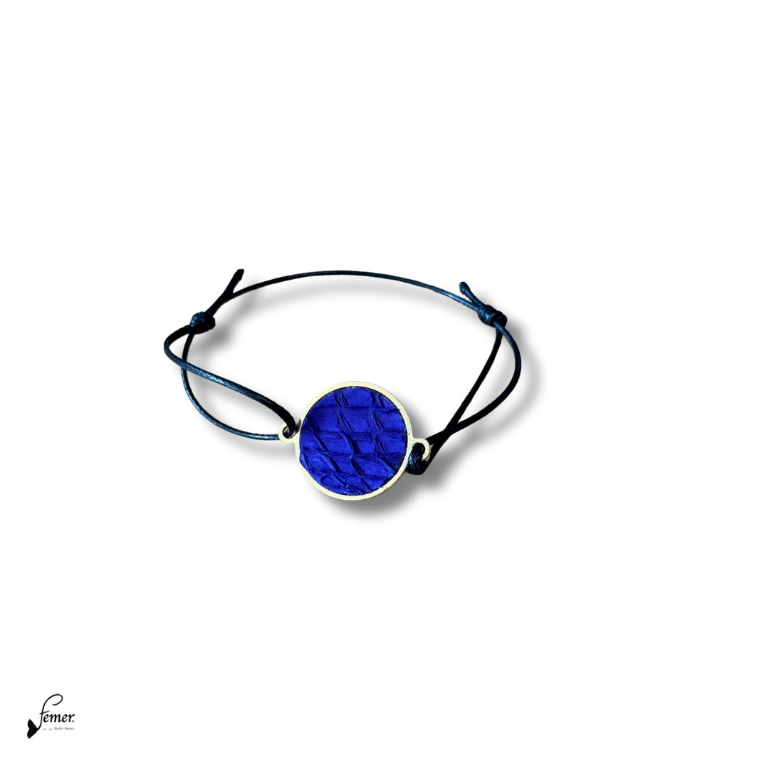 Bracelet "Bulle cuir" médaillon inox et cuir marin sur cordon coton ciré