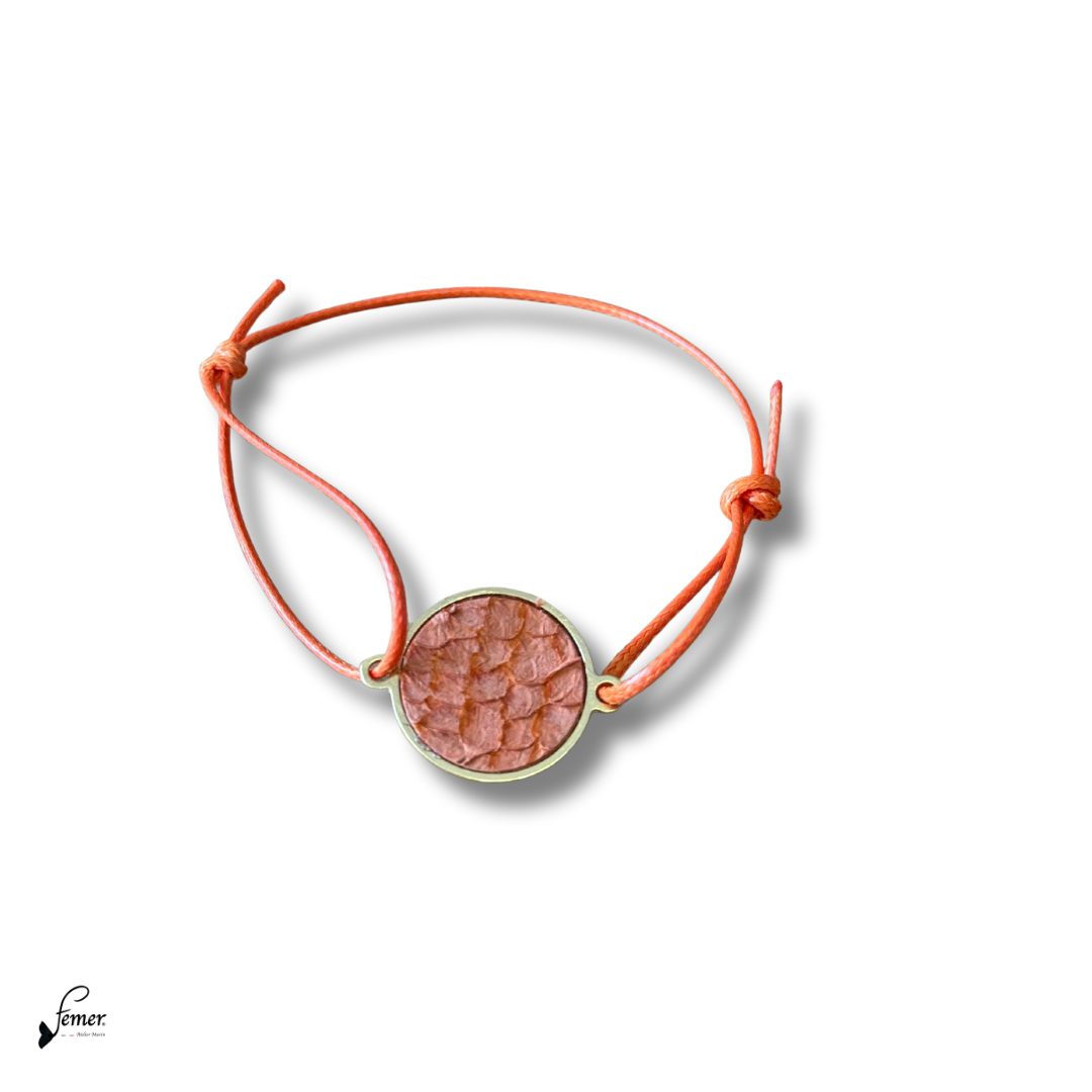Bracelet "Bulle cuir" médaillon inox et cuir marin sur cordon coton ciré