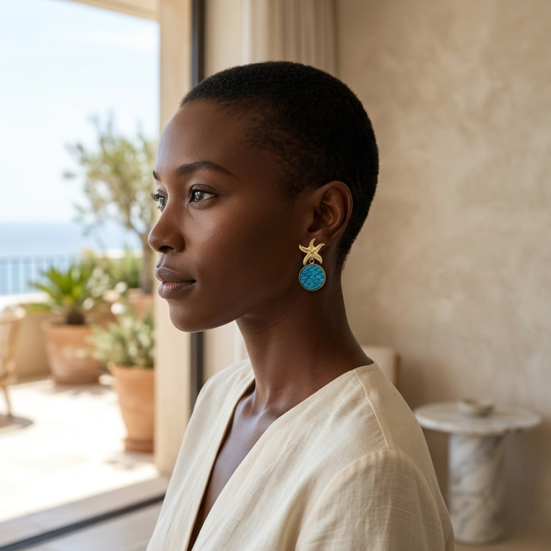 Boucles d'oreilles Léna – étoiles de mer en cuir marin Turquoise Bleu Azur & acier inox doré inoxydable