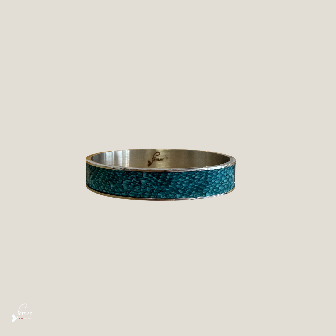 Bracelet Grand Piquey - Cuir de Saumon Turquoise Argenté