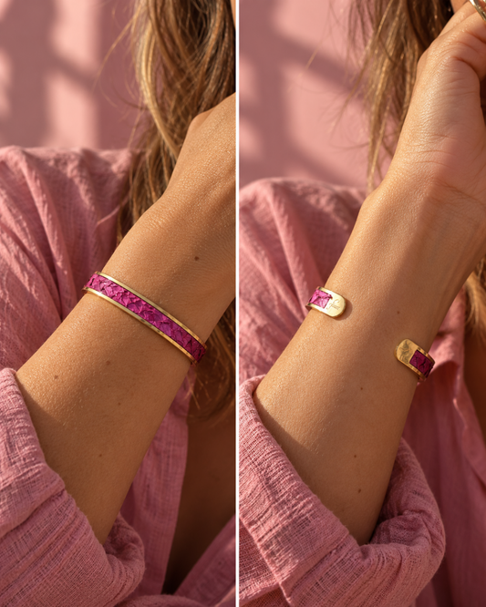 Bracelet BA – jonc réglable en cuir marin Fuchsia & acier inoxydable doré, fabriqué en France
