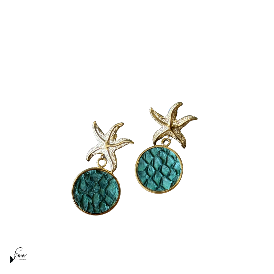 Boucles d'Oreilles modèle LENA- Etoile de mer inox et cuir marin