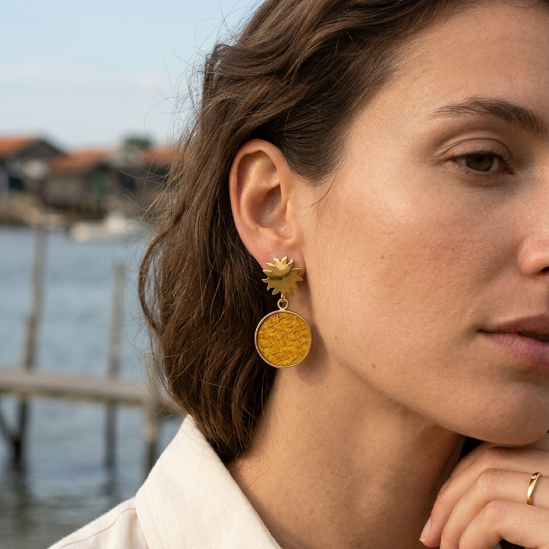 Boucles d'oreilles Soledad Soleil Ocre – cuir marin & acier inoxydable