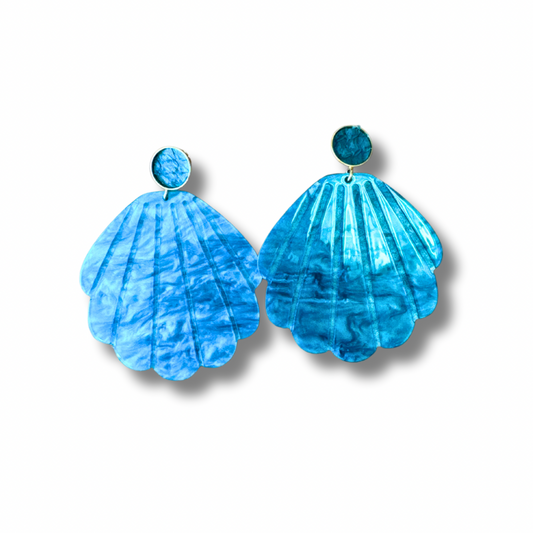 Boucles d'oreilles coquillage bleu paon- cuir marin, laiton doré et acétate