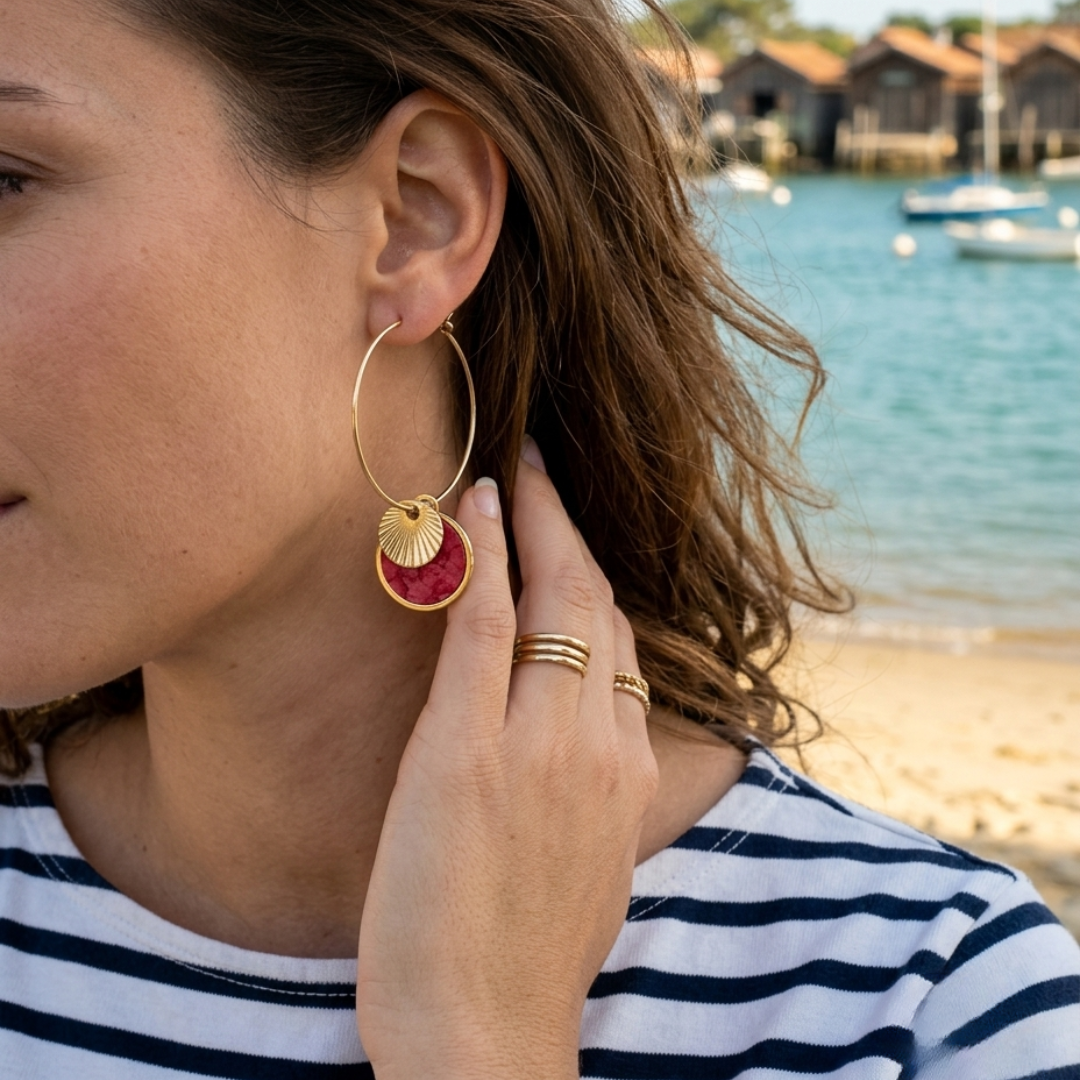 Boucles d'oreilles Créoles Salie Sud Rouge Récif – cuir de saumon & inox
