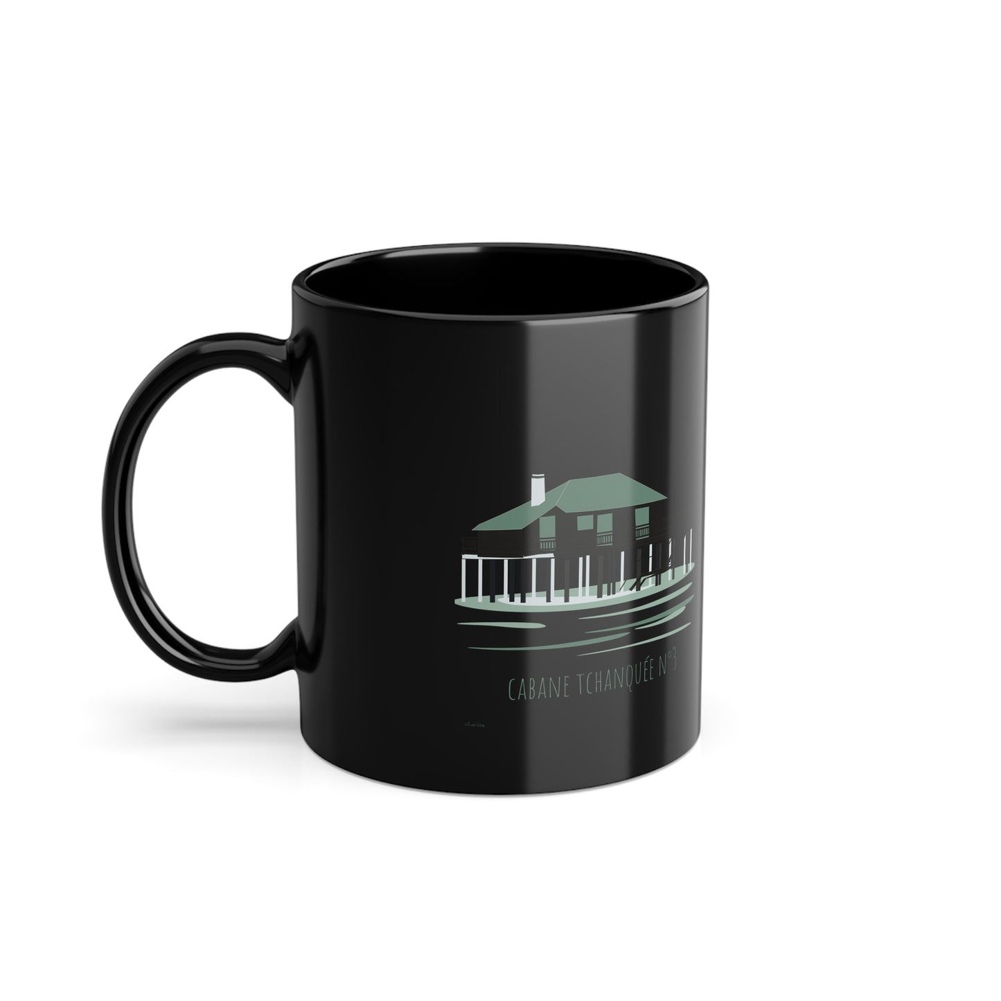 11oz Black Coffee Mug — Minimal Coastal Pier Illustration Cabane Tchanquée Bassin d'Arcachon