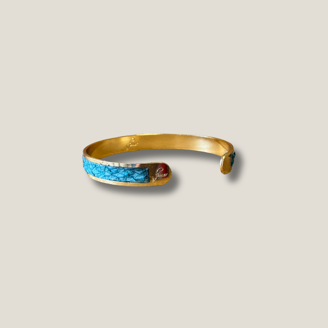 Bracelet BA – jonc réglable en cuir marin Turquoise & acier inoxydable doré, fabriqué en France