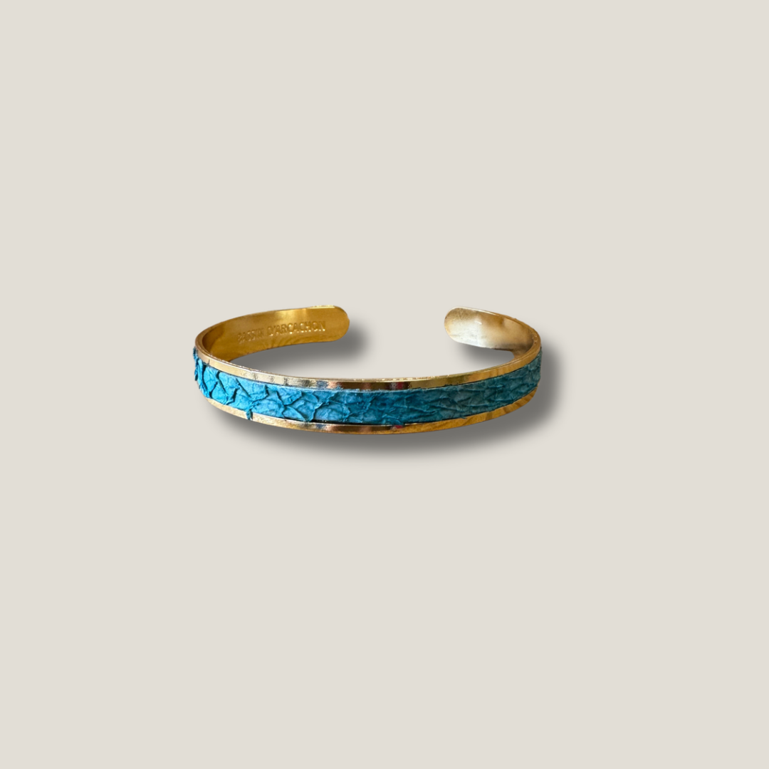 Bracelet BA – jonc réglable en cuir marin Turquoise & acier inoxydable doré, fabriqué en France