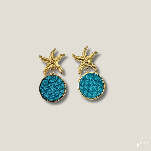 Boucles d'oreilles Léna – étoiles de mer en cuir marin Turquoise Bleu Azur & acier inox doré inoxydable