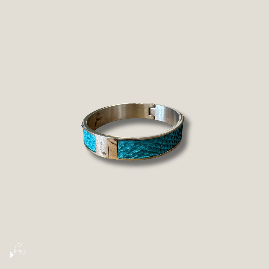 Bracelet Grand Piquey - Cuir de Saumon Turquoise Argenté