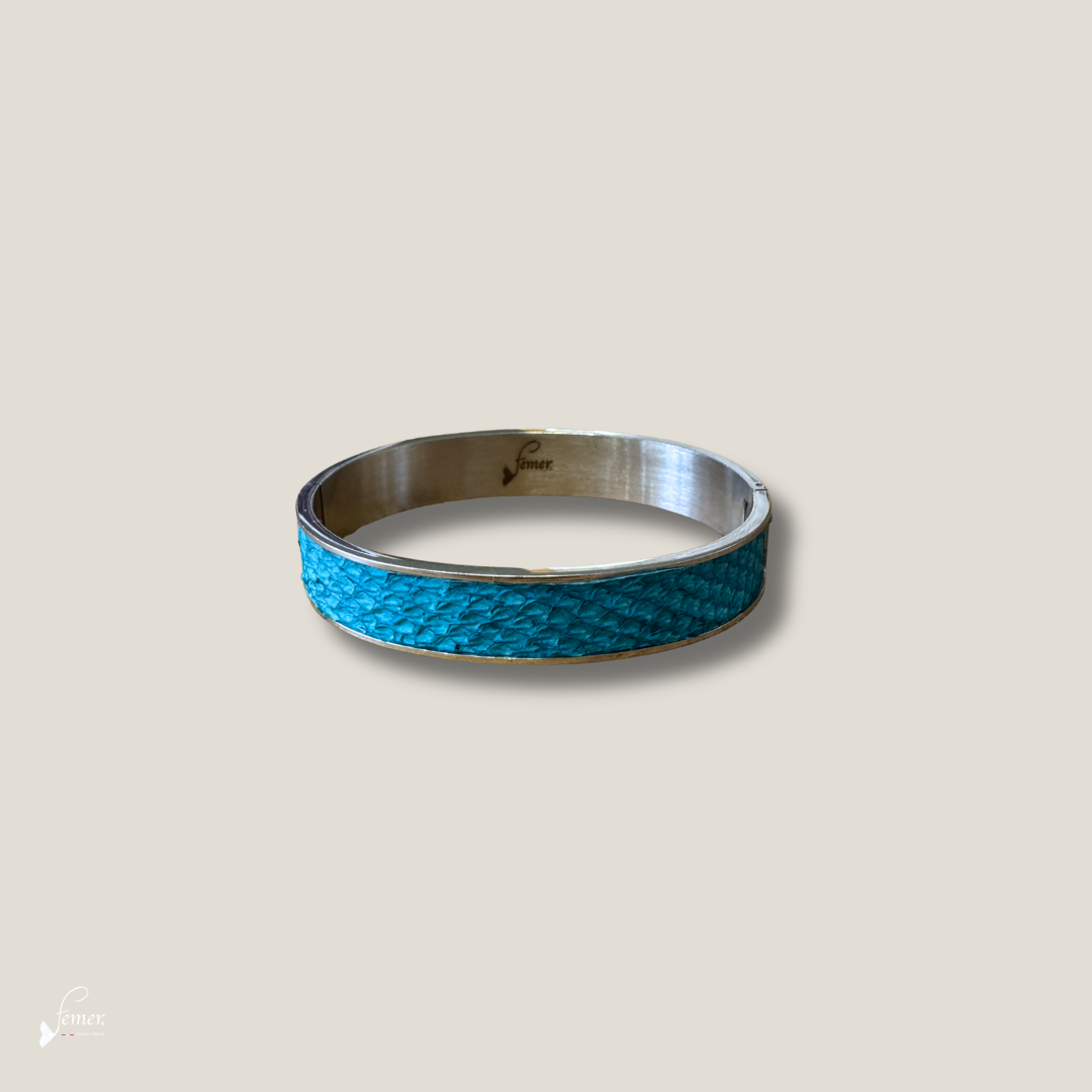 Bracelet Grand Piquey - Cuir de Saumon Turquoise Argenté