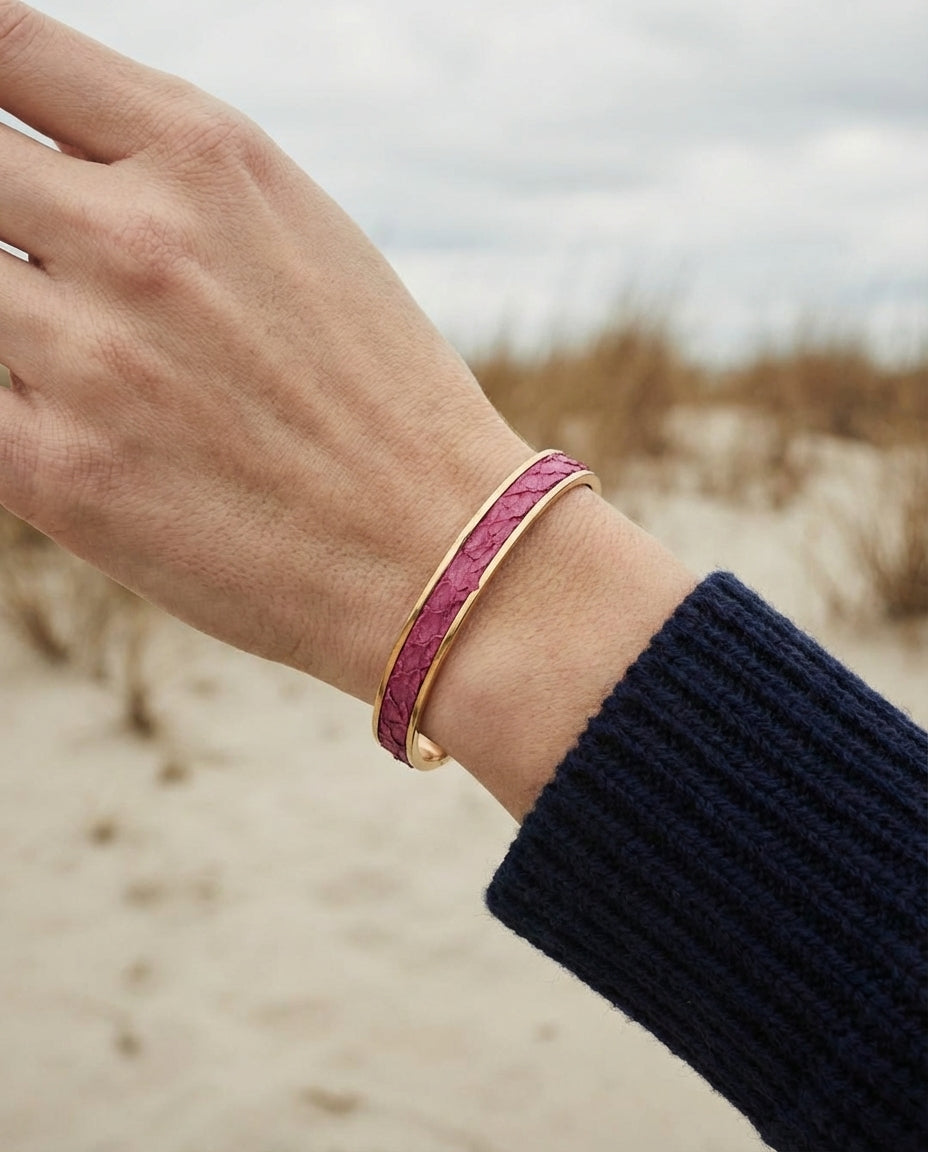 Bracelet iconique Pinasse Fuchsia – cuir marin & acier inoxydable doré rose