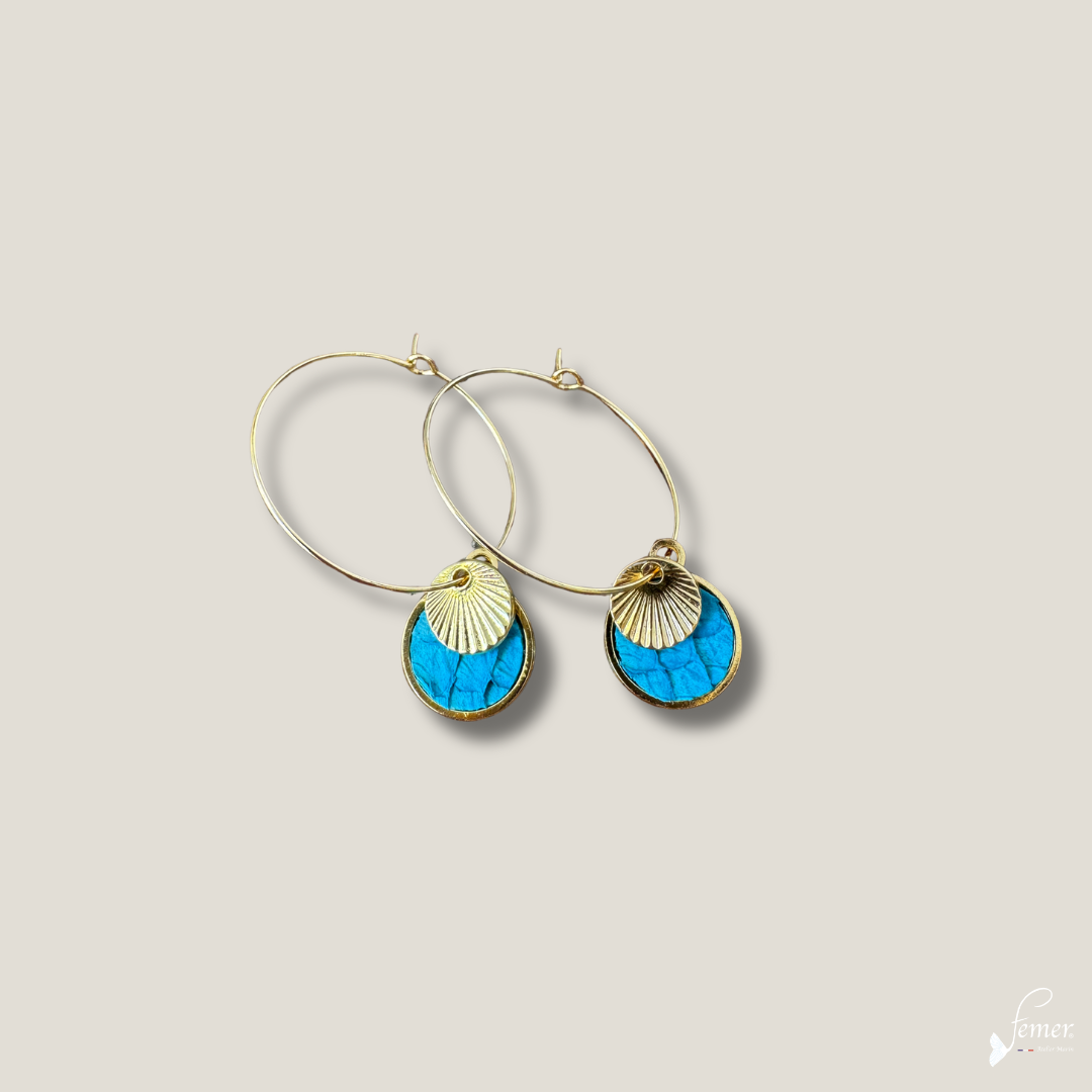 Boucles d'oreilles Créoles modèle Salie Sud – Turquoise | inox et cuir marin