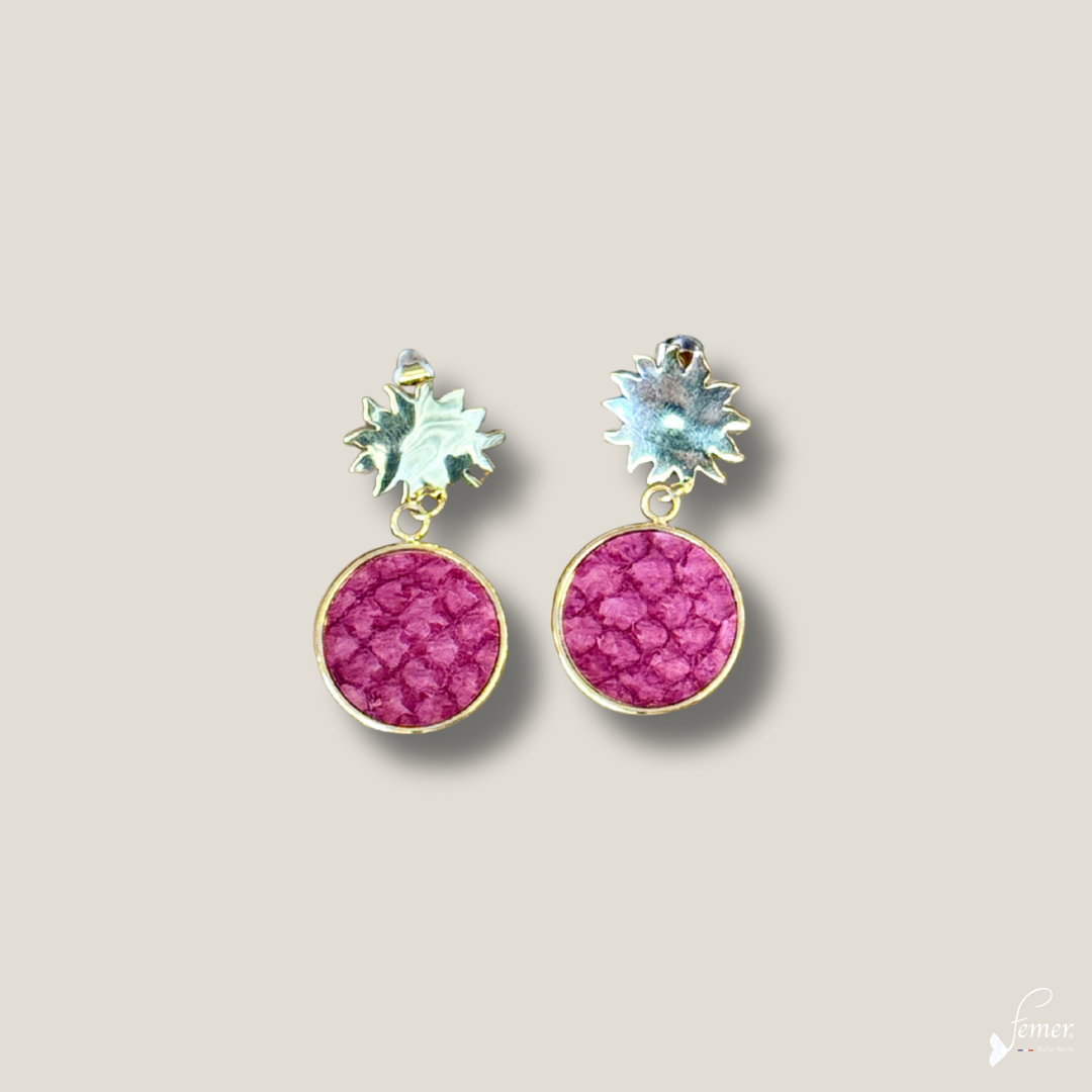 Boucles d’oreilles Soledad Soleil Fuchsia – cuir marin & acier inoxydable