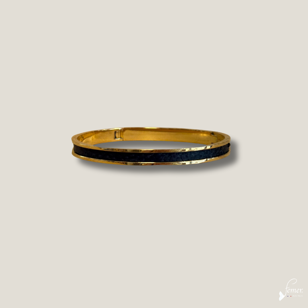 Bracelet iconique Pinassotte – cuir marin noir Sépia & acier inoxydable doré rose