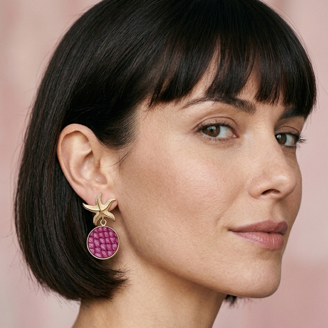 Boucles d'oreilles Léna – étoiles de mer en cuir marin Fuchsia & acier inox doré inoxydable