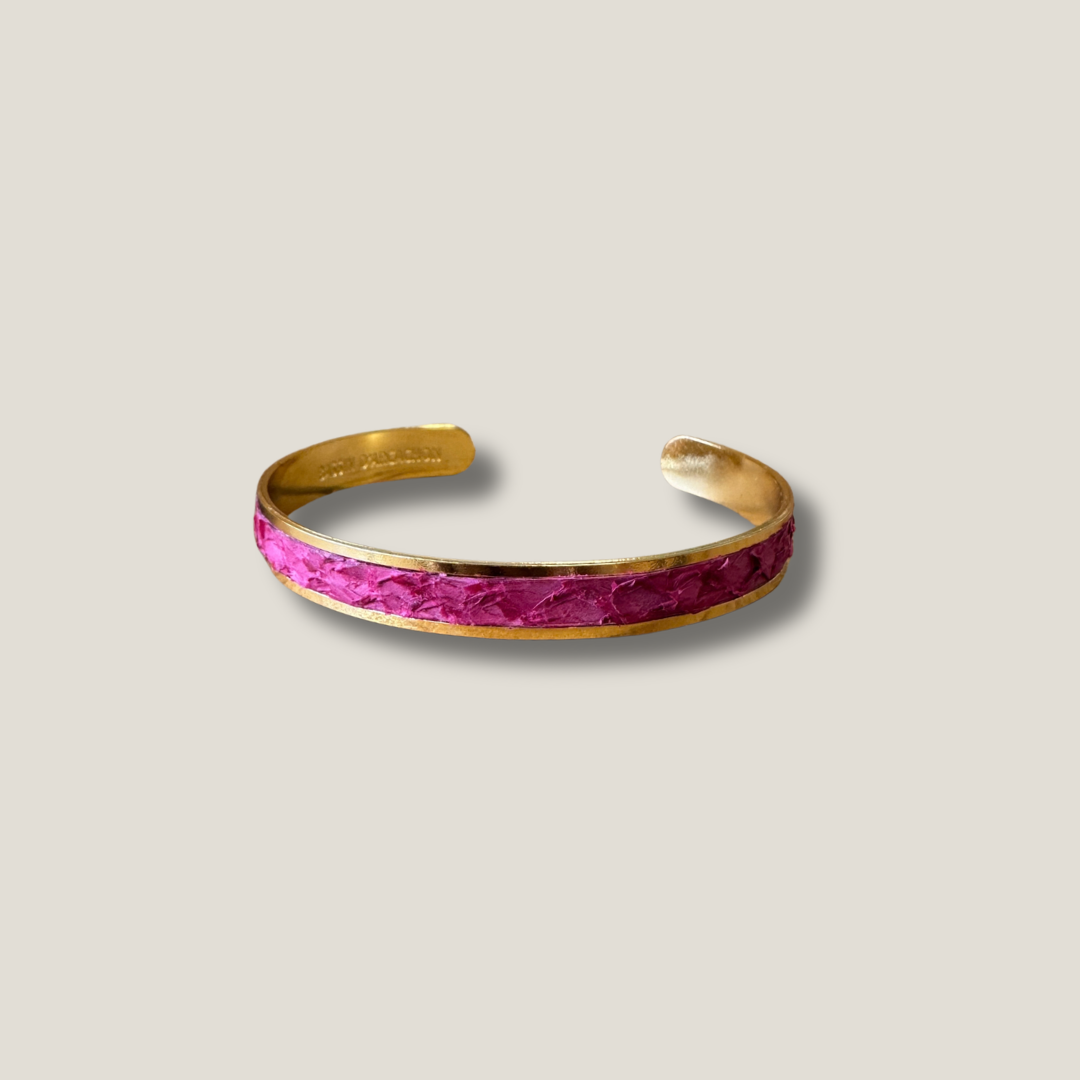 Bracelet BA – jonc réglable en cuir marin Fuchsia & acier inoxydable doré, fabriqué en France