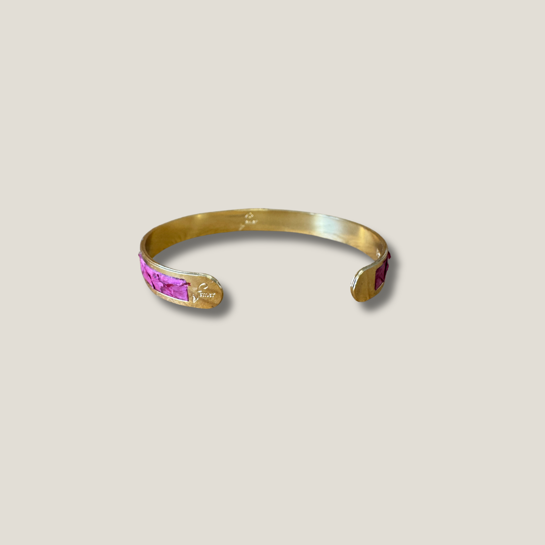 Bracelet BA – jonc réglable en cuir marin Fuchsia & acier inoxydable doré, fabriqué en France