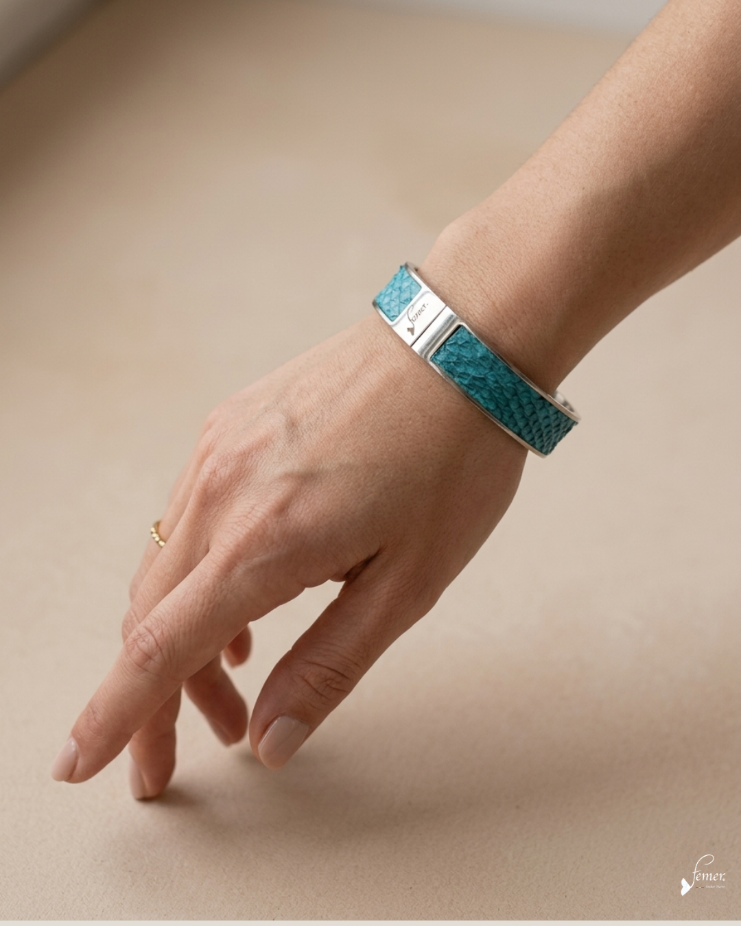 Bracelet Grand Piquey - Cuir de Saumon Turquoise Argenté