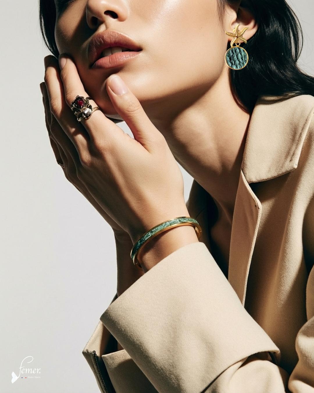 Bracelet crochet iconique "Pinassotte" 6 mm, inox et cuir marin- vert algue