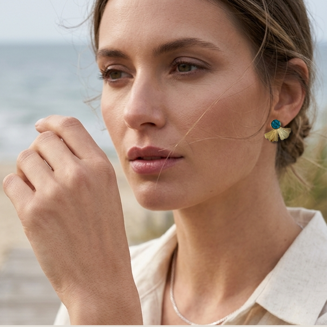 Boucles d'oreilles Ginkgo Turquoise – cuir de saumon & acier doré 18K