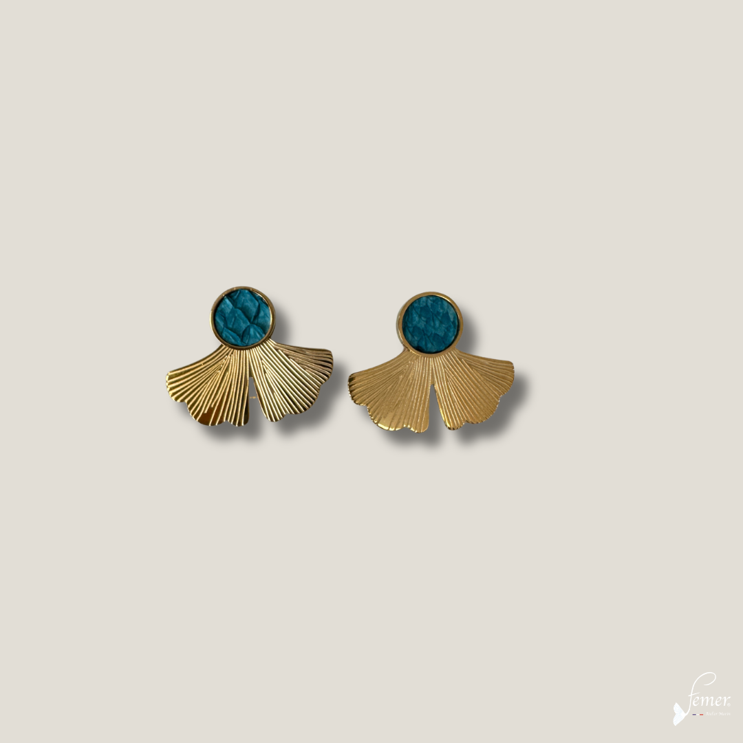 Boucles d'oreilles Ginkgo Turquoise – cuir de saumon & acier doré 18K