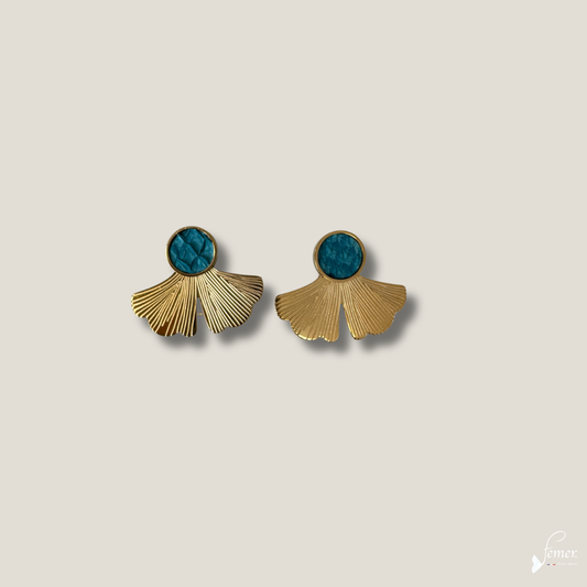 Boucles d'oreilles Ginkgo Turquoise – cuir de saumon & acier doré 18K